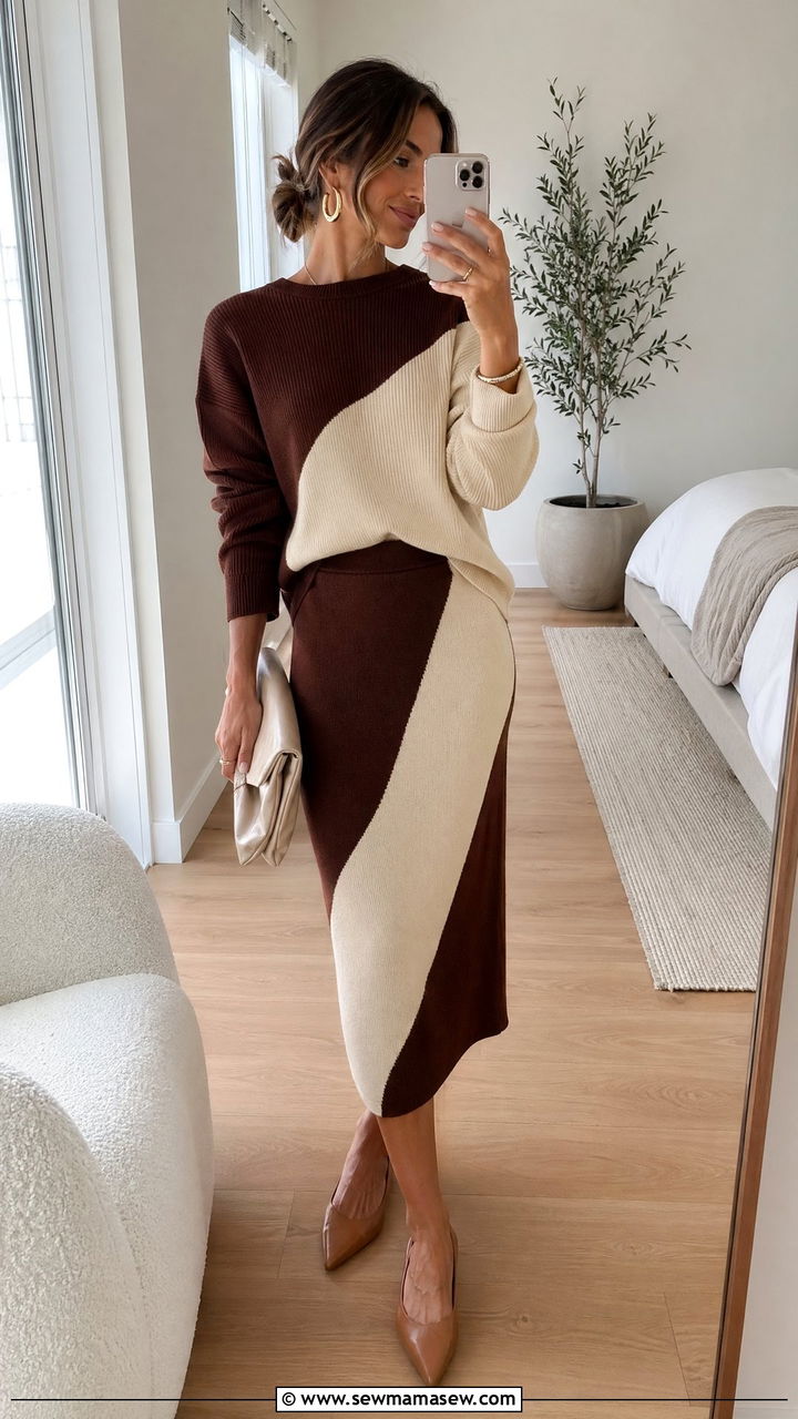 Brown and Cream Color Block Knit Set - 35 Spring outfits in brown