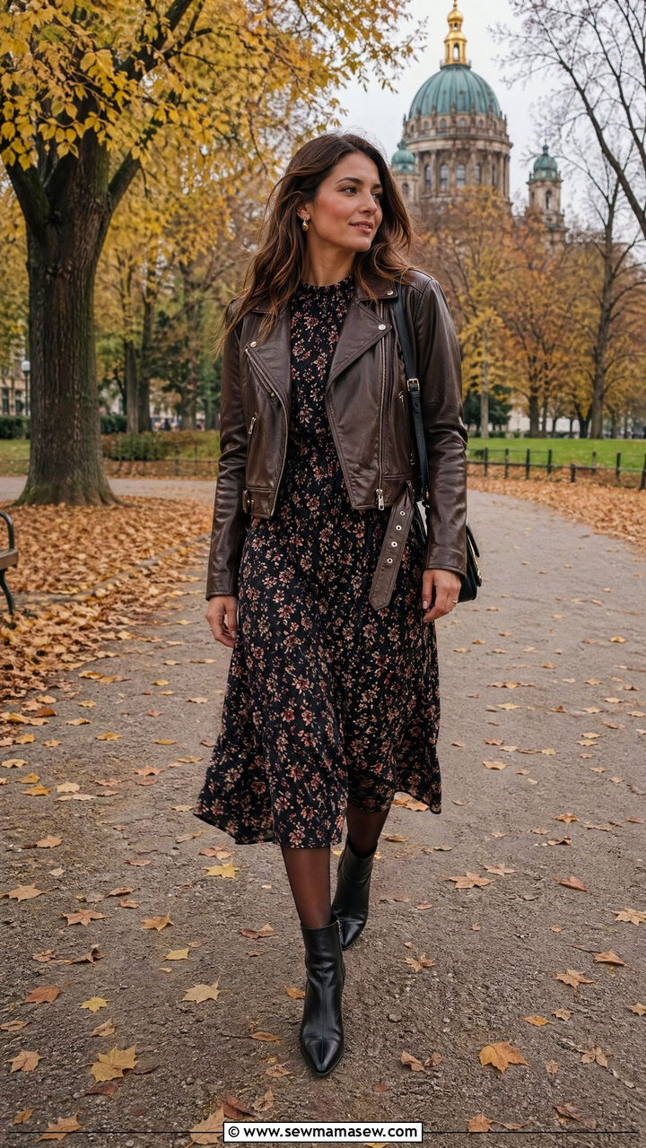 Brown leather biker jacket with a floral midi dress and boots - 40 What to wear in Berlin