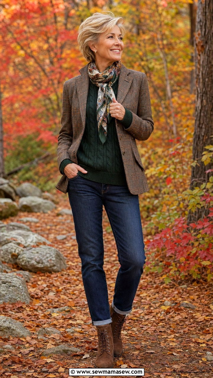 Brown plaid blazer with green knit and dark jeans - 30 Best blazers for women over 50
