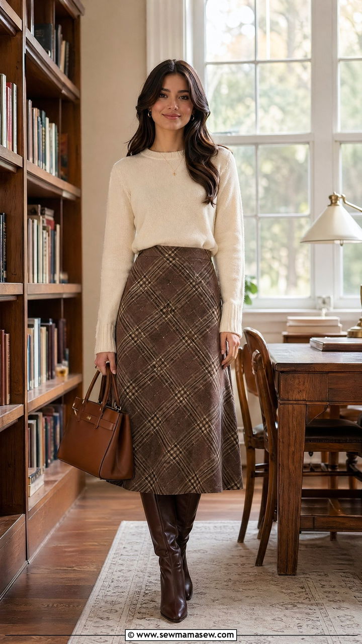 Brown plaid midi skirt with cream sweater interview outfit - 35 spring interview outfit ideas