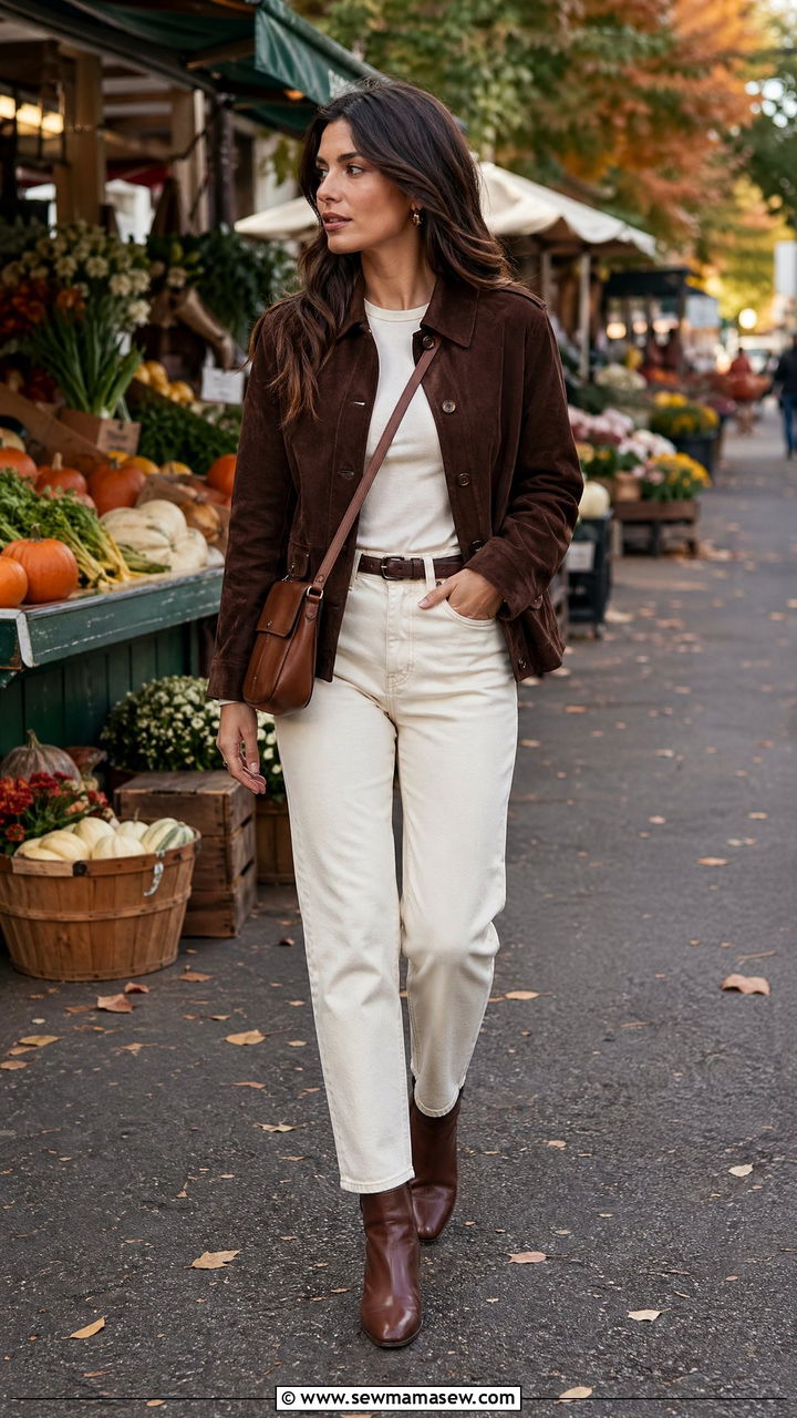 Brown suede jacket with ivory jeans - 35 Stealth wealth outfit ideas