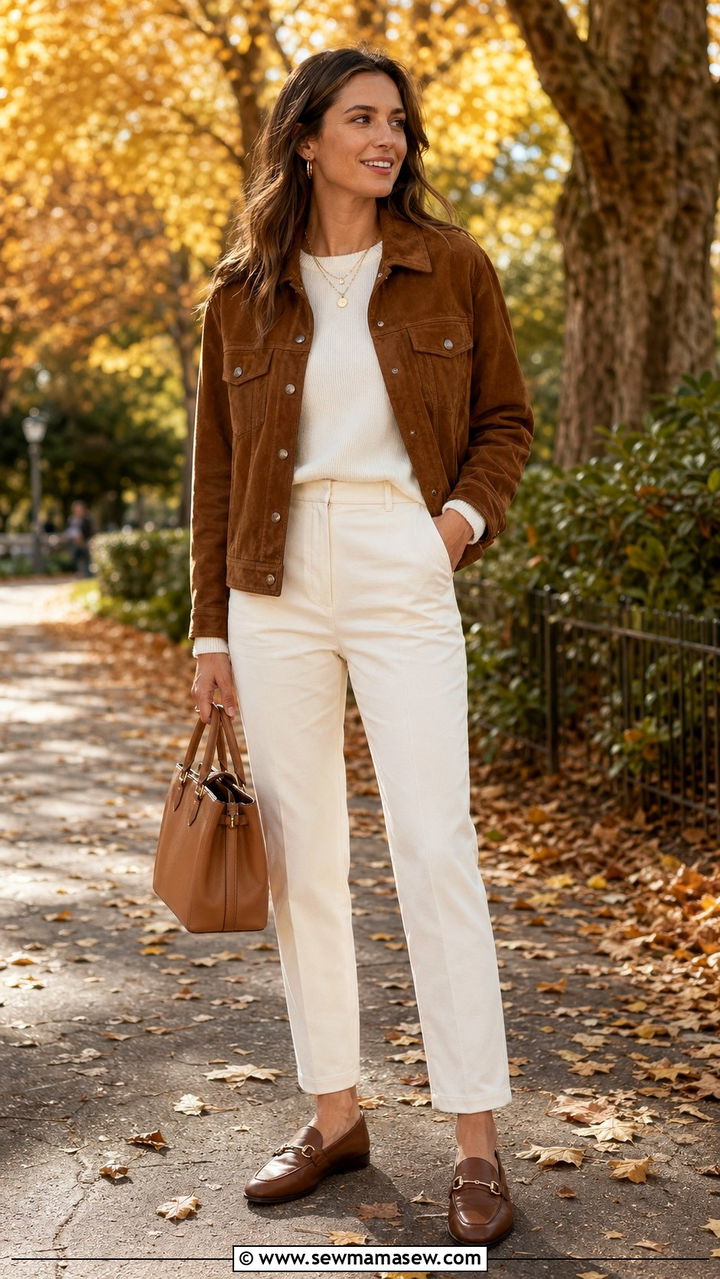 Brown suede jacket with ivory trousers and leather loafers - 35 quiet luxury outfits ideas