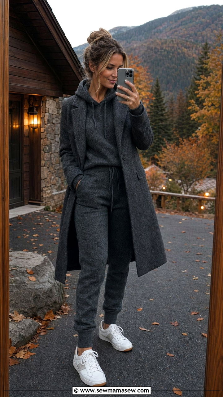 Brushed knit hoodie and wool joggers outfit - 35 Mountain vacation outfit ideas