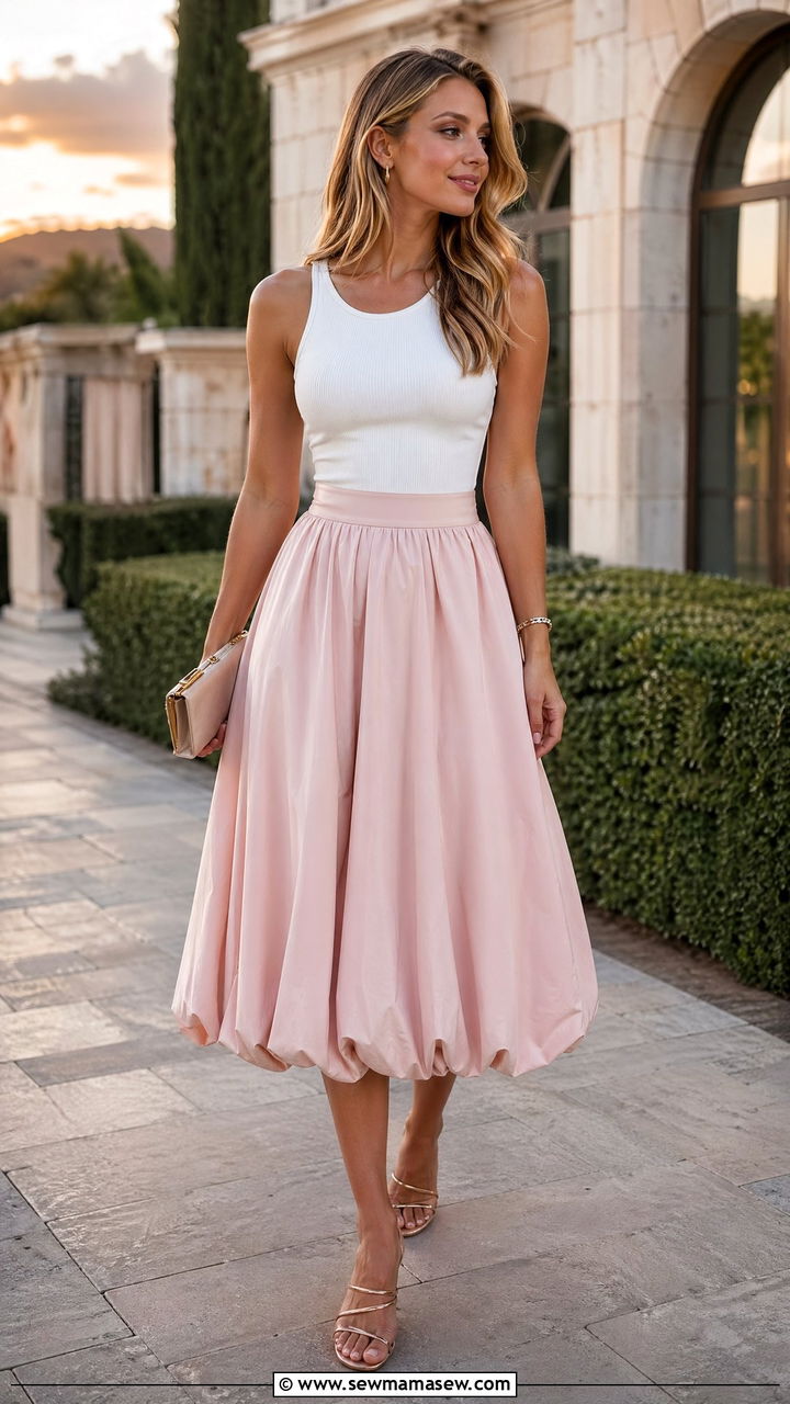 Bubble Hem Midi Skirt With Fitted Tank And Strappy Heels - 35 spring feminine outfit ideas