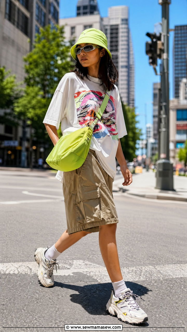 Bucket Hat with Graphic Tee and Cargo Shorts - 35 summer street style outfit ideas