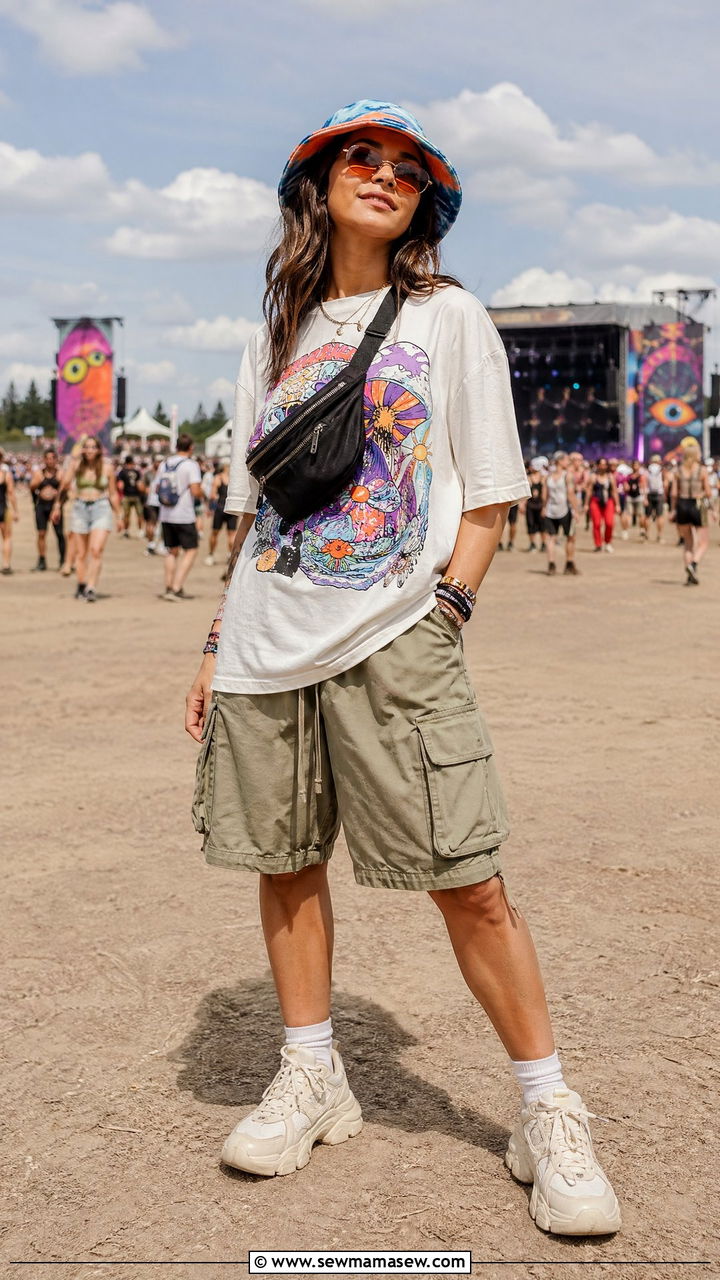Bucket Hat with Oversized Tee and Cargo Shorts - 35 Summer music festival outfits