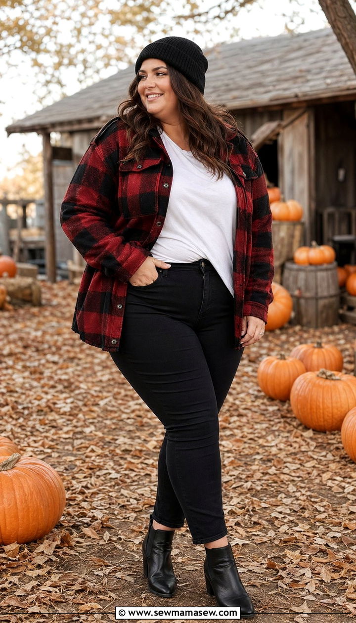 Buffalo Plaid Shacket White Tee and Black Jeans - 35 Plus size outfit ideas size 22