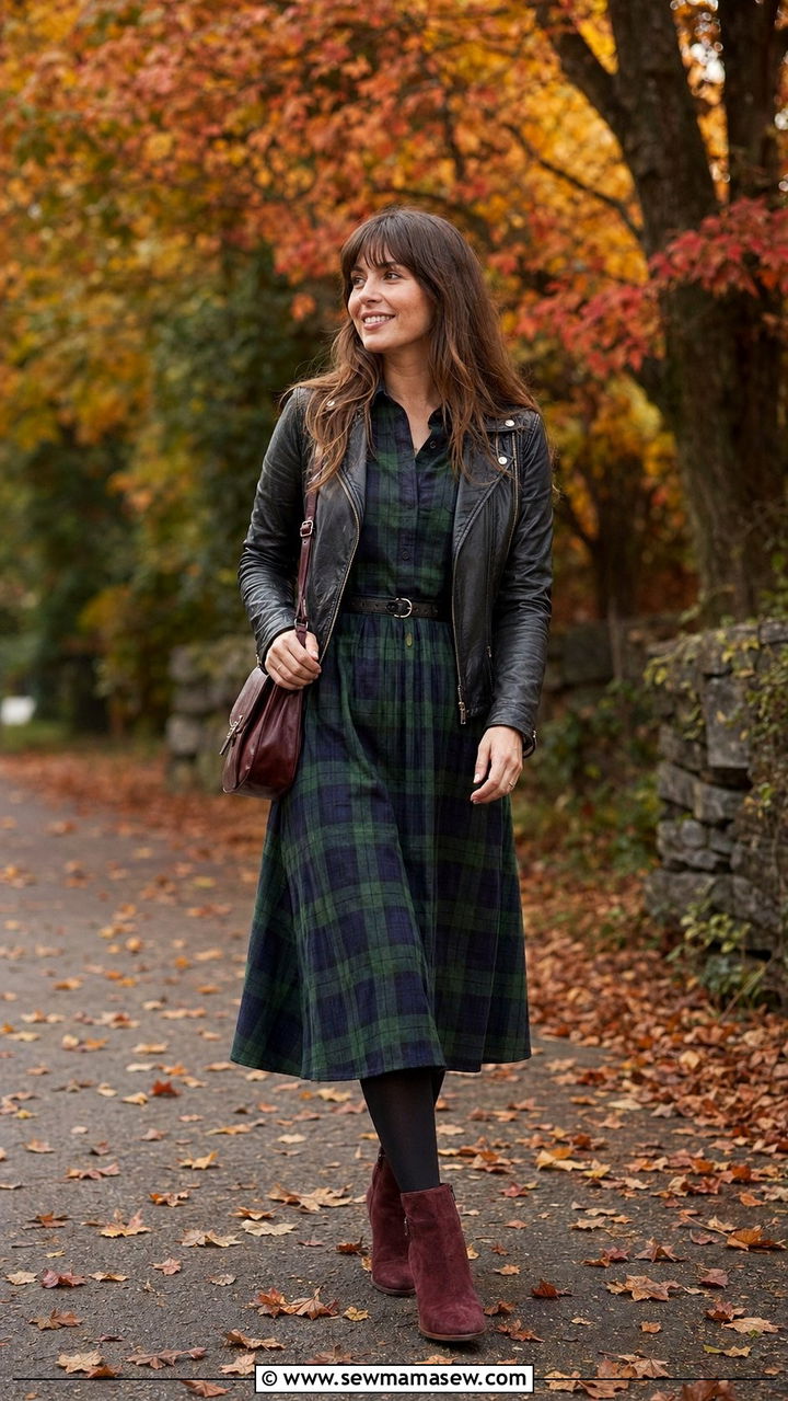 Burgundy Ankle Boots with a Plaid Dress - 30 Ankle boots outfit ideas with a dress