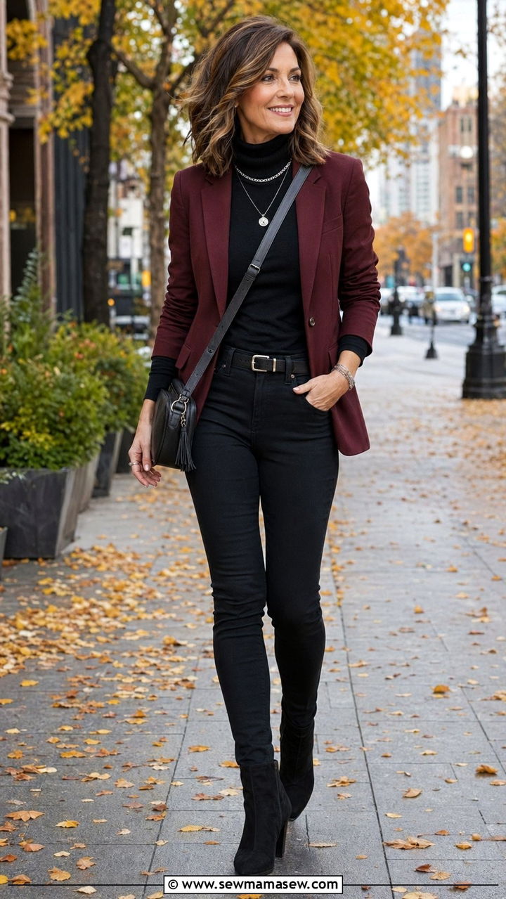 Burgundy Blazer With Black Skinny Jeans And Heeled Boots - 30 Best blazers for women over 40