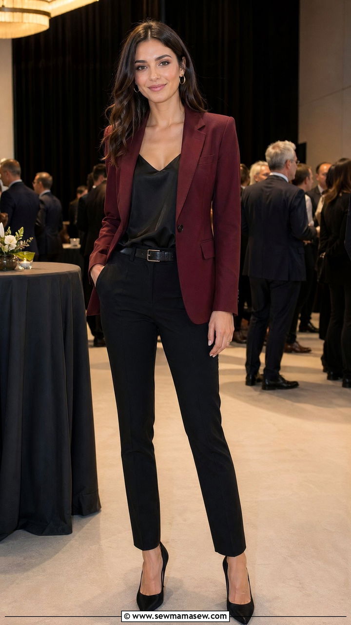 Burgundy Blazer With Black Slim Trousers - 35 Work conference outfit ideas