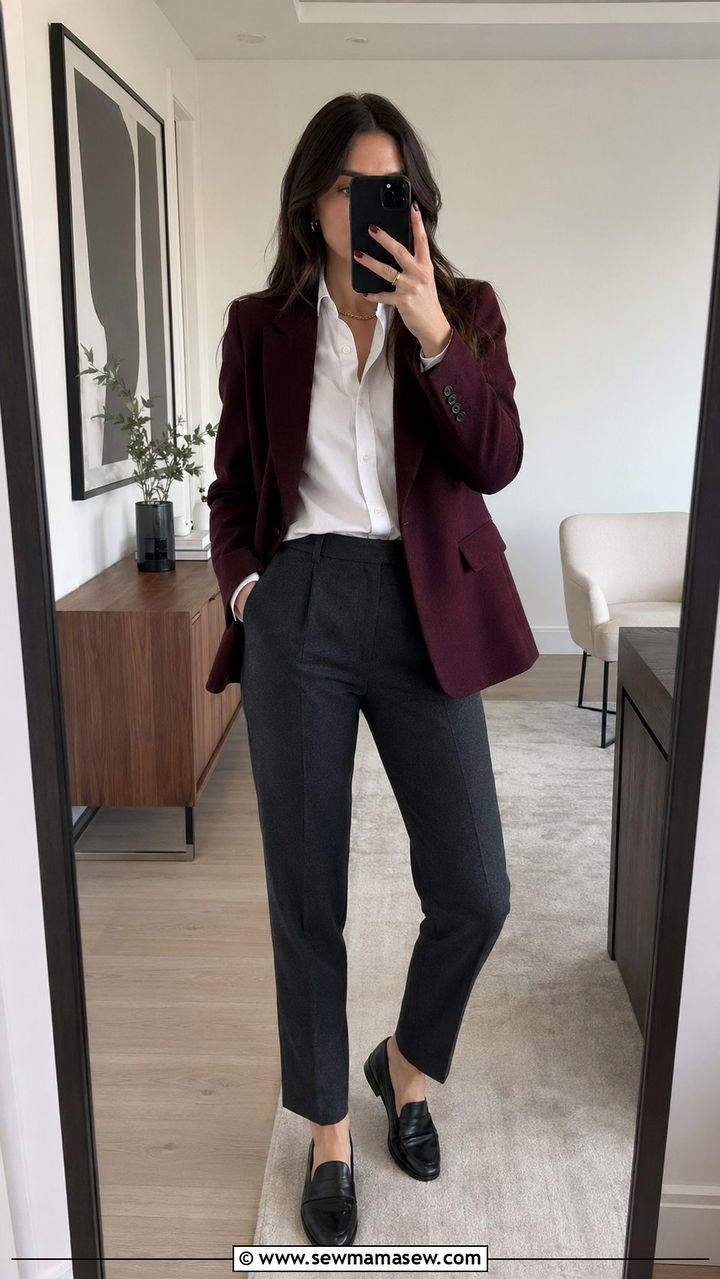 Burgundy Blazer with Charcoal Tailored Trousers - 35 Office outfit ideas for women