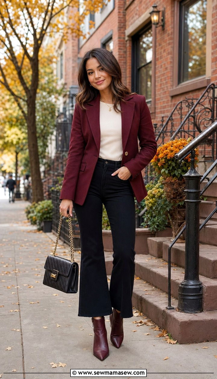 Burgundy Blazer with Cropped Flare Pants Outfit - 30 Best blazers for petite women
