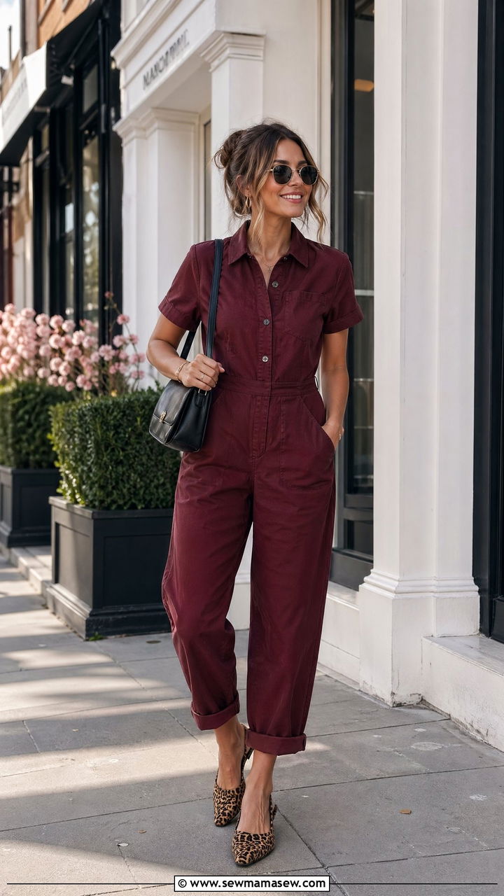 Burgundy Boiler Suit With Leopard Print Shoes - 35 spring burgundy outfit ideas
