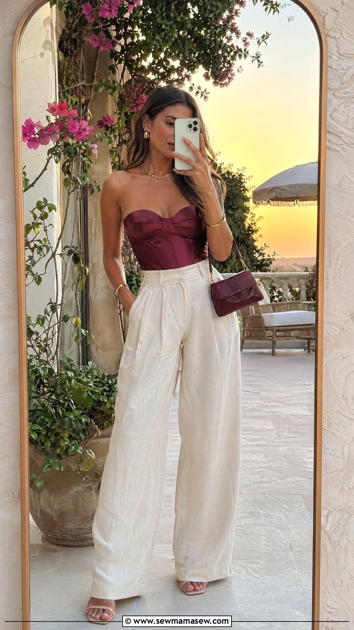 Burgundy Bustier Top With Ecru Linen Trousers - 35 spring burgundy outfit ideas