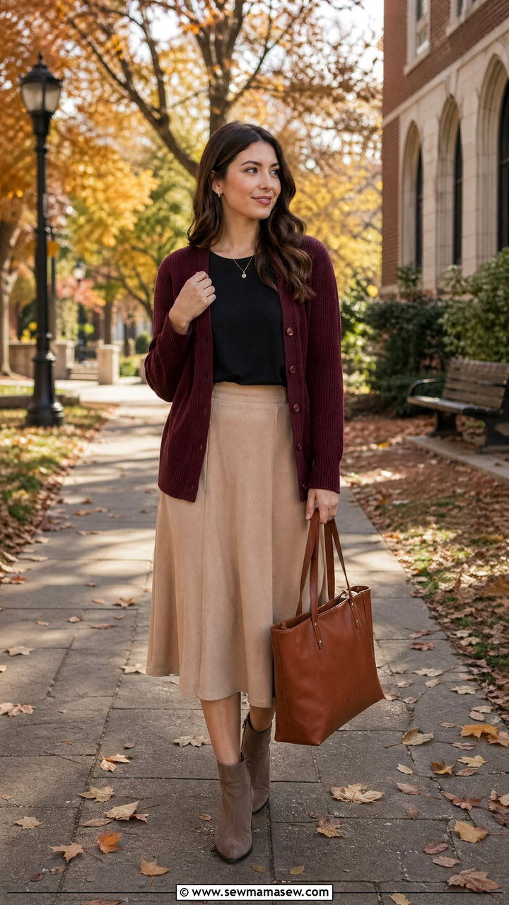 Burgundy Cardigan With Beige Midi Skirt And Ankle Boots - 35 College professor outfit ideas