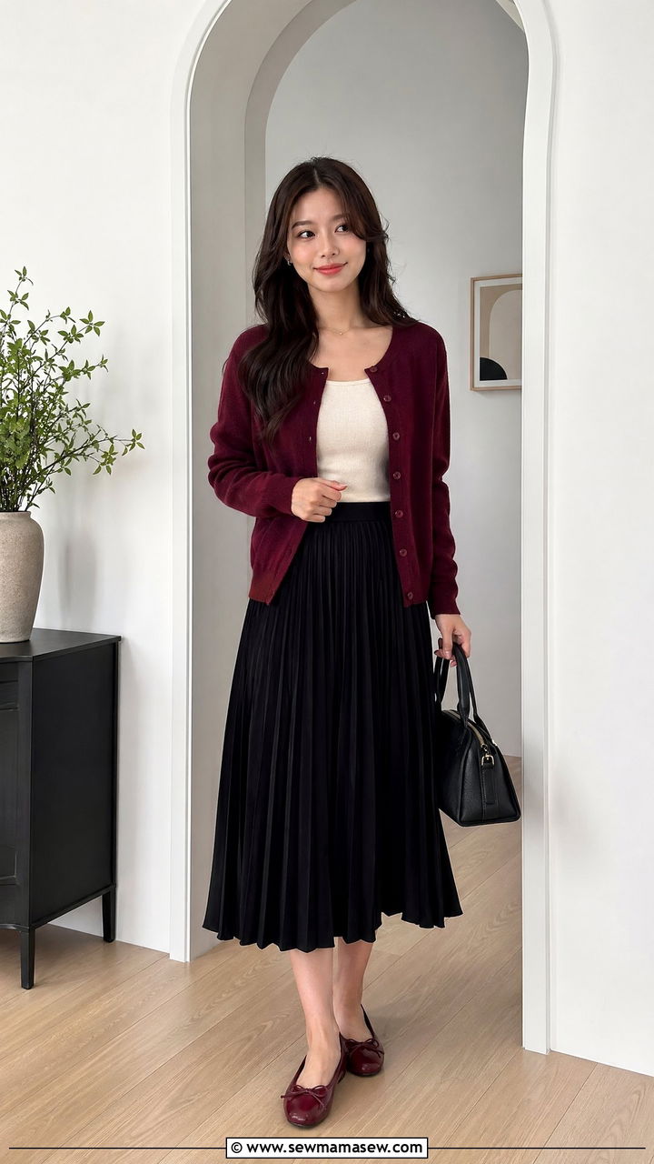 Burgundy Cardigan With Black Pleated Midi Skirt And Ballet Flats - 35 classy summer to fall outfits