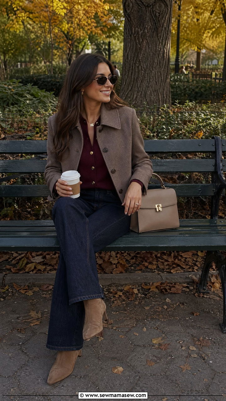 Burgundy Cardigan With Taupe Jacket And Dark Jeans Outfit - 35 classy casual outfits