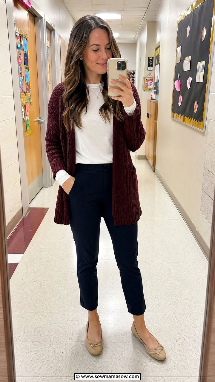 Burgundy Cardigan With White Long Sleeve Tee and Navy Pants - 35 teacher outfits for women