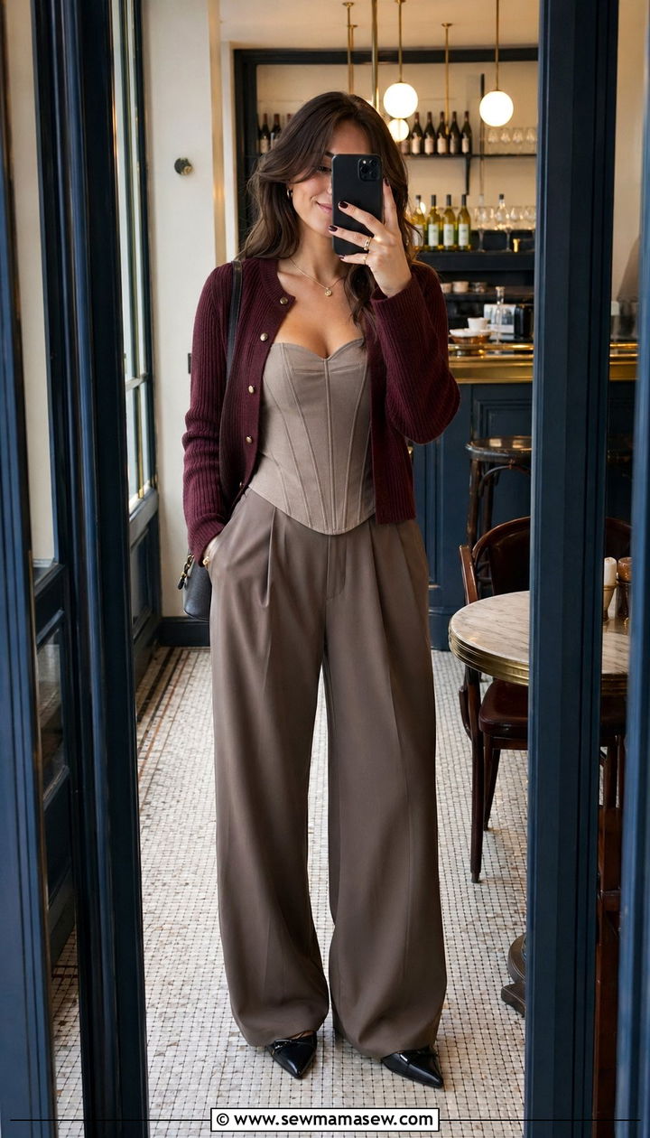 Burgundy Cardigan with Beige Corset Top and Wide Leg Trousers - 35 Paris outfits for women