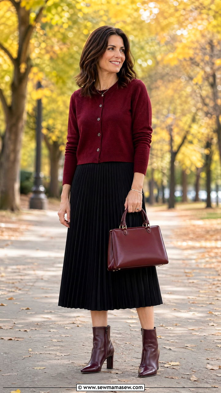 Burgundy Cardigan with Pleated Midi Skirt - 35 classy outfits for women over 30