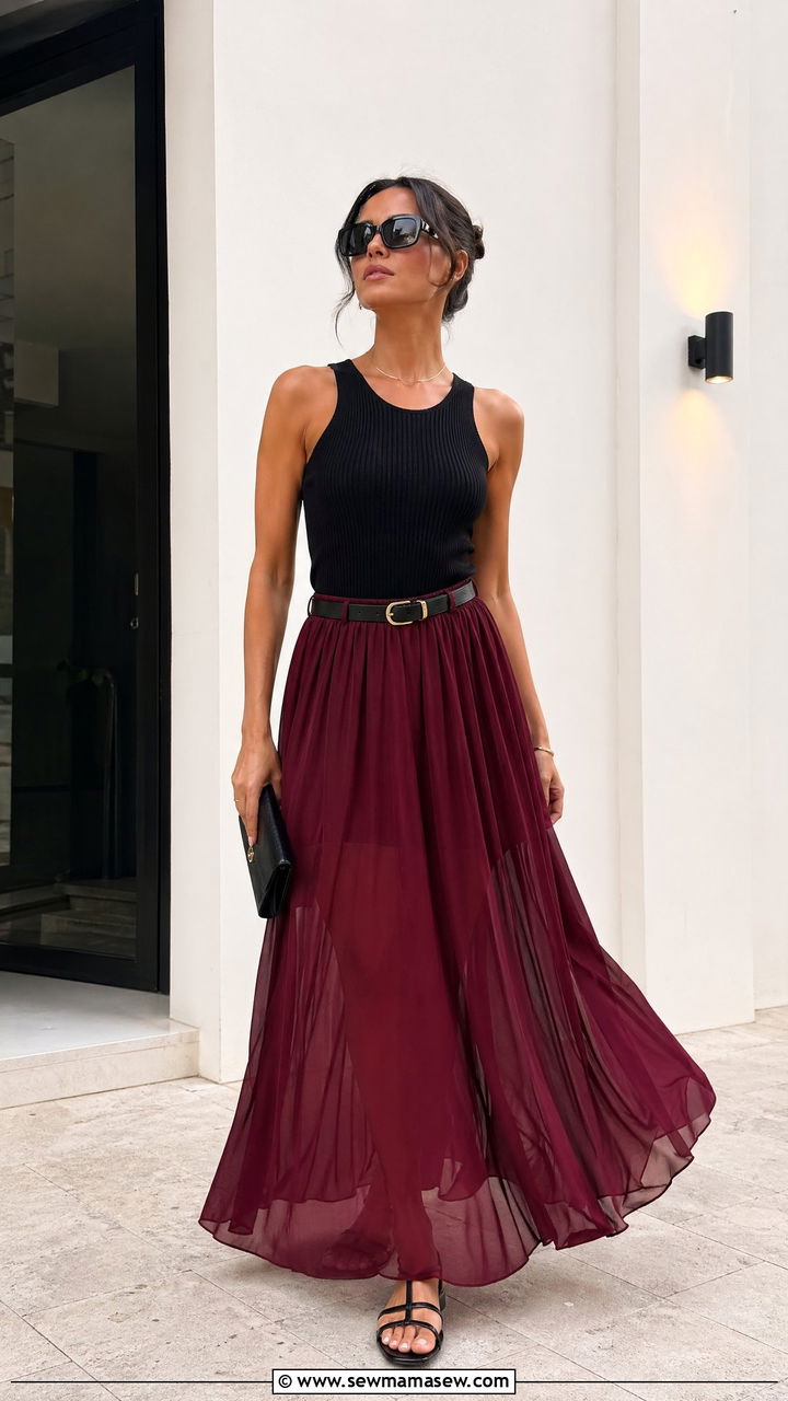 Burgundy Chiffon Maxi Skirt With Black Tank - 35 spring burgundy outfit ideas