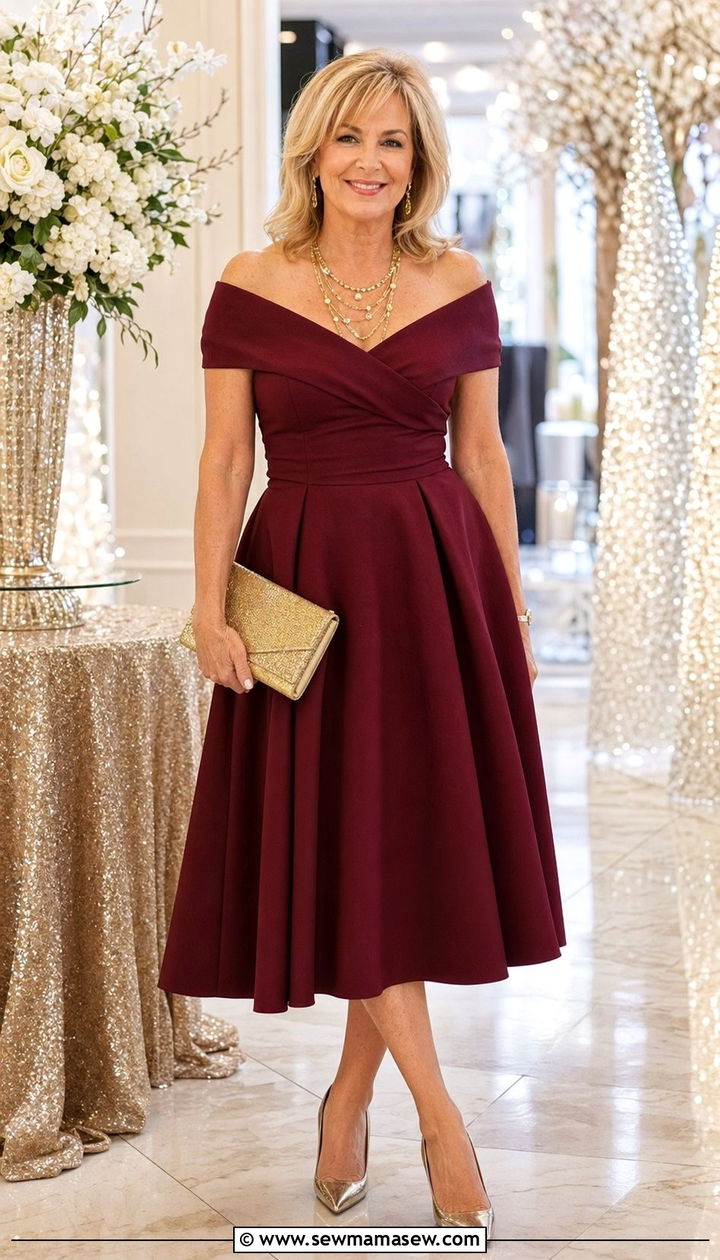 Burgundy Cocktail Dress with Gold Jewelry - 35 Night out outfit ideas women over 50