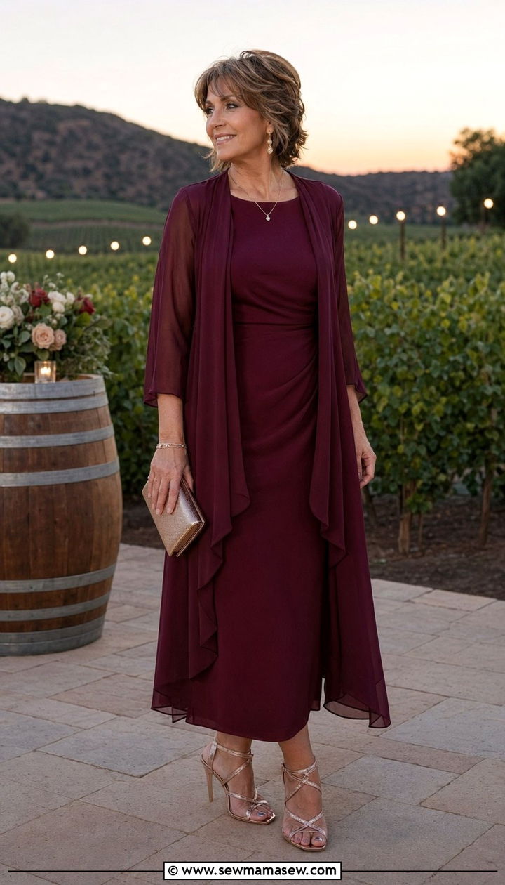 Burgundy Column Dress With Chiffon Overlay - 35 Mother of the groom outfit ideas