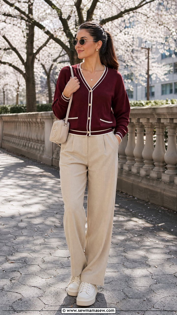 Burgundy Contrast Trim Cardigan With Beige Trousers - 35 spring burgundy outfit ideas