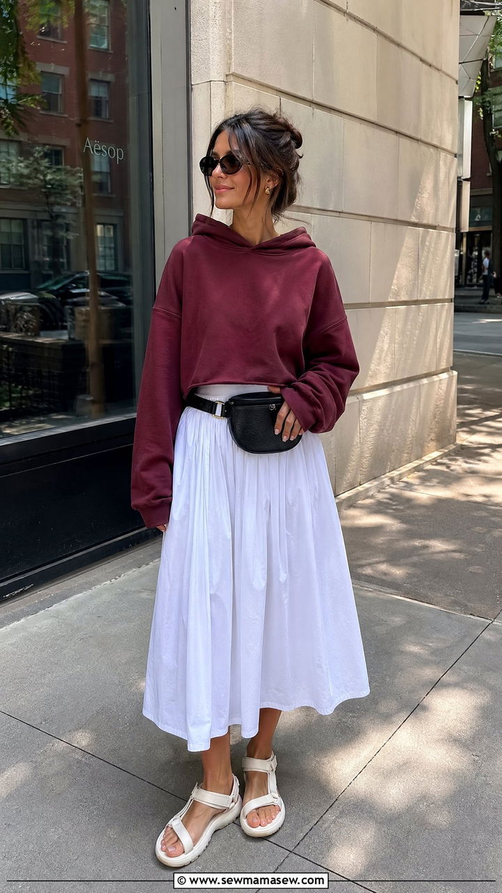 Burgundy Cropped Hoodie With White Midaxi Skirt - 35 spring burgundy outfit ideas