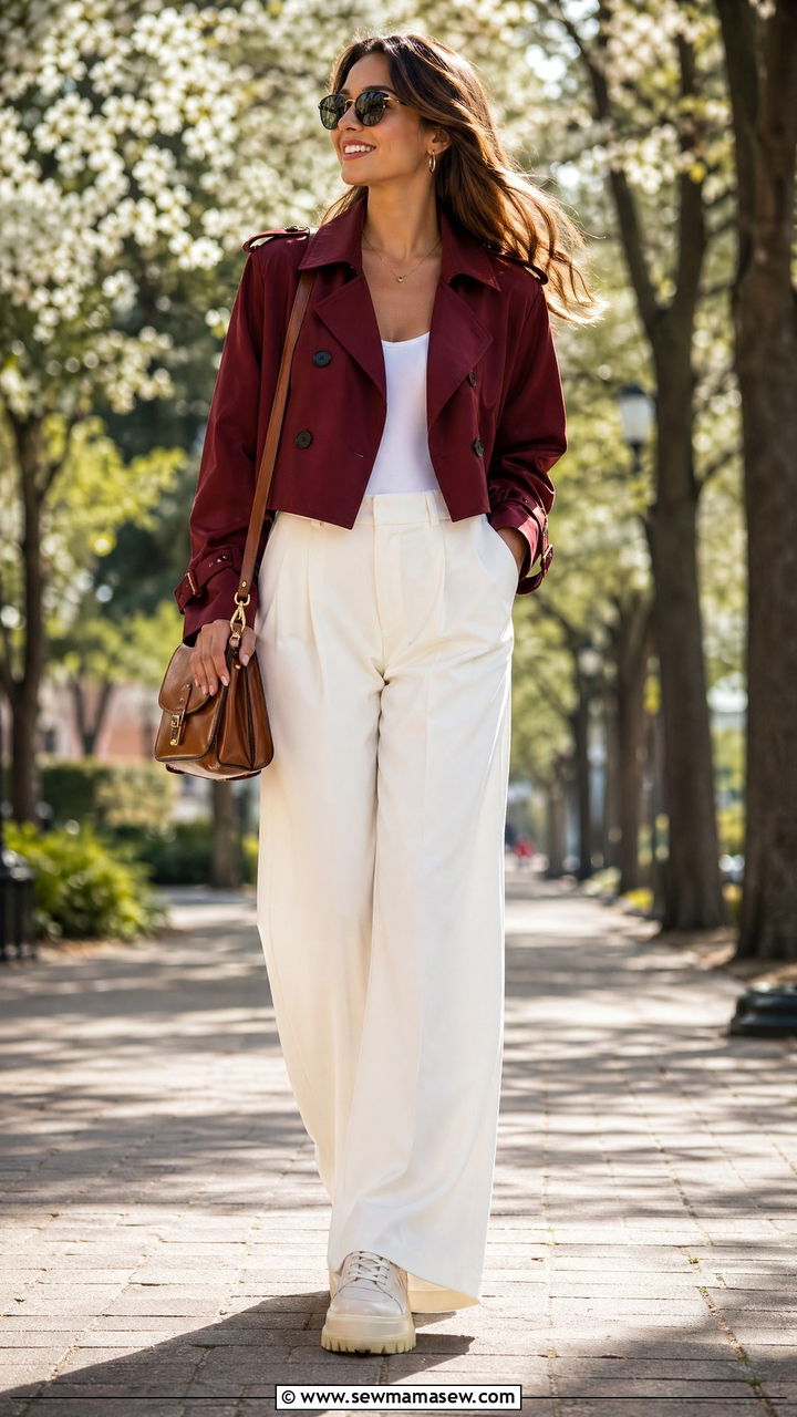 Burgundy Cropped Trench With White Wide Leg Pants - 35 spring burgundy outfit ideas