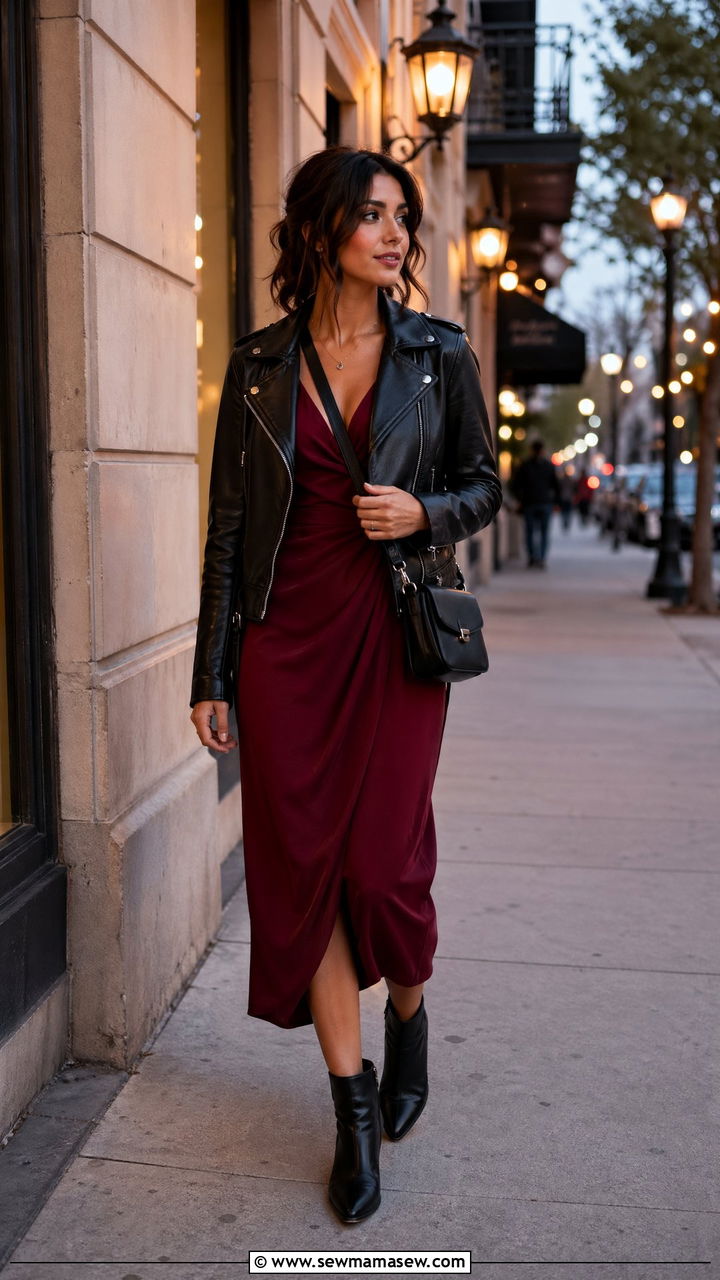 Burgundy Dress Outfit With Black Accessories And Leather Jacket - 35 classy dress outfits
