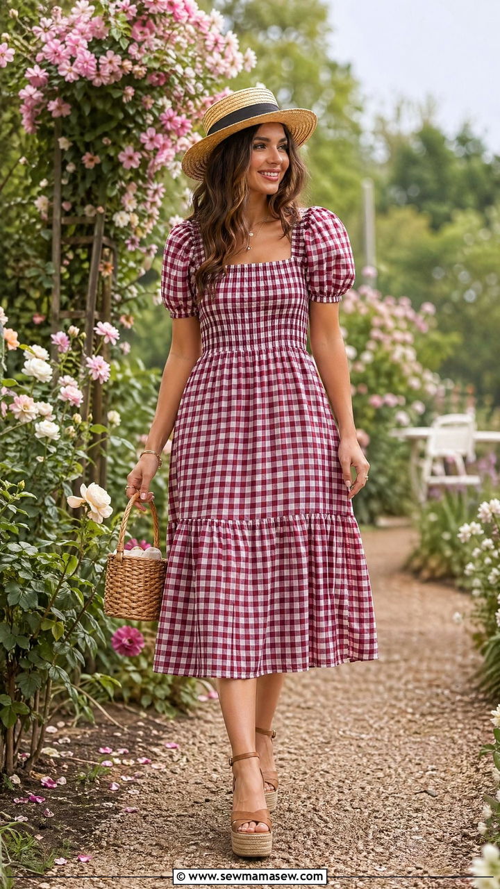 Burgundy Gingham Midi Dress With Straw Hat - 35 spring burgundy outfit ideas