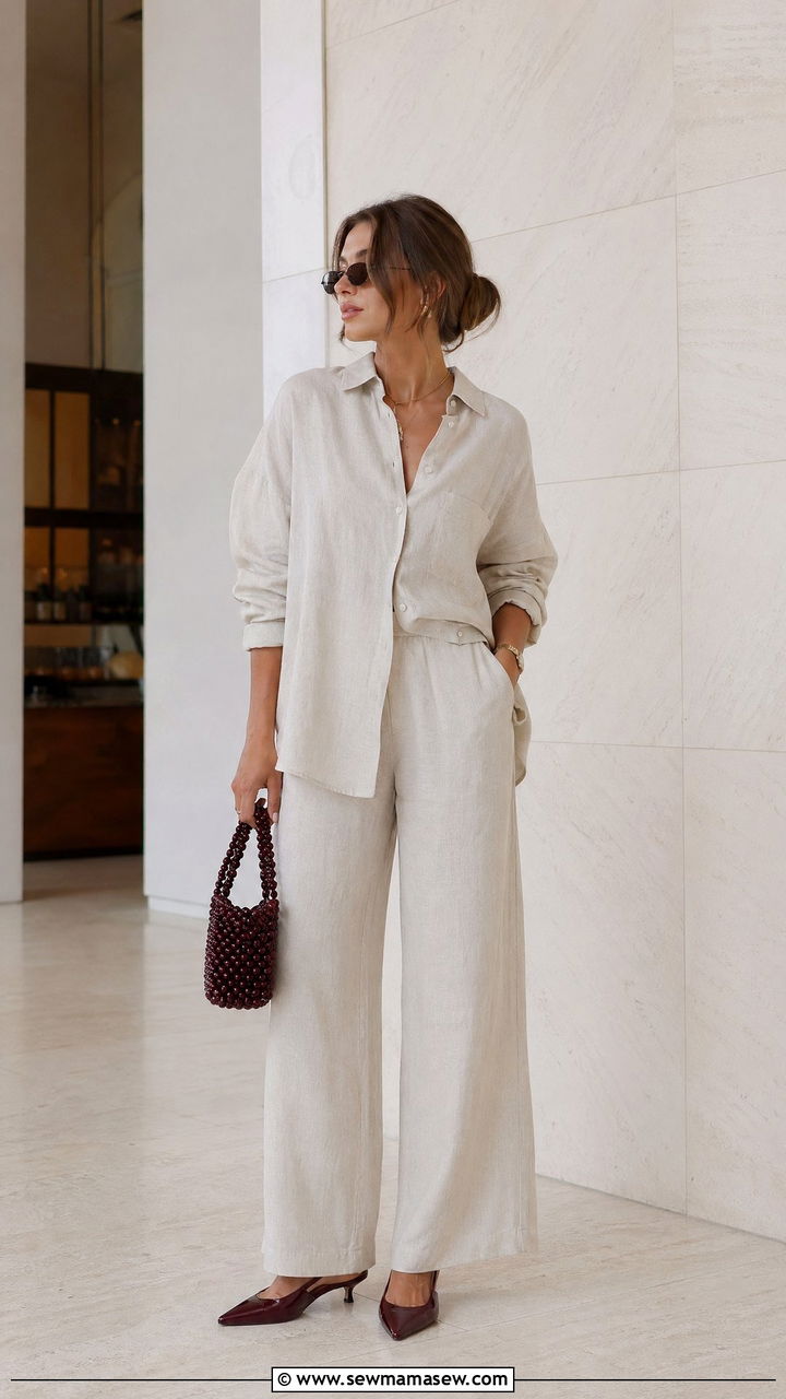 Burgundy Kitten Heel Slingbacks With Linen Co Ord - 35 spring burgundy outfit ideas