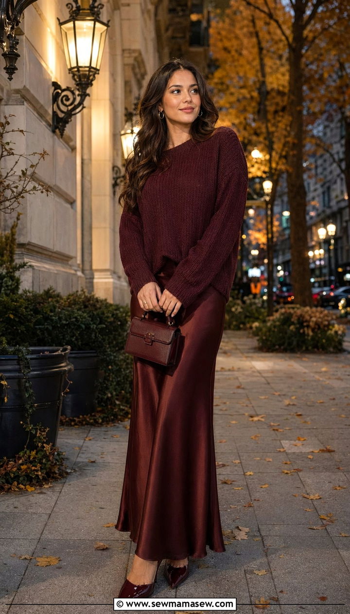 Burgundy Knit and Flowing Maxi Skirt - 35 modest classy outfits