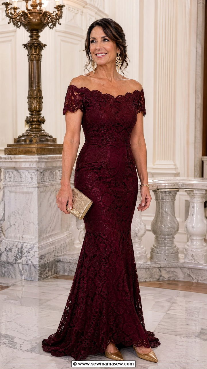 Burgundy Lace Mermaid Dress for Formal Evening Wedding - 35 Wedding guest outfits for women over 40