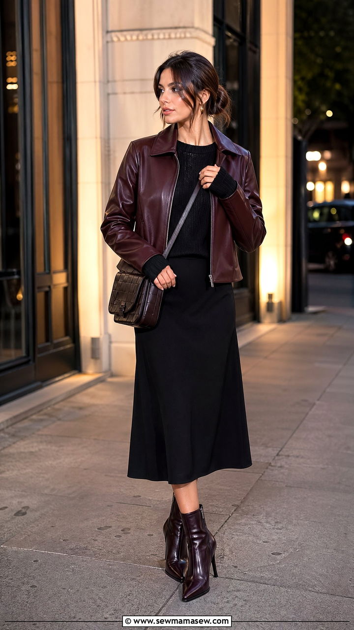 Burgundy Leather Jacket With Black Midi Skirt And Booties - 35 classy elegant outfits