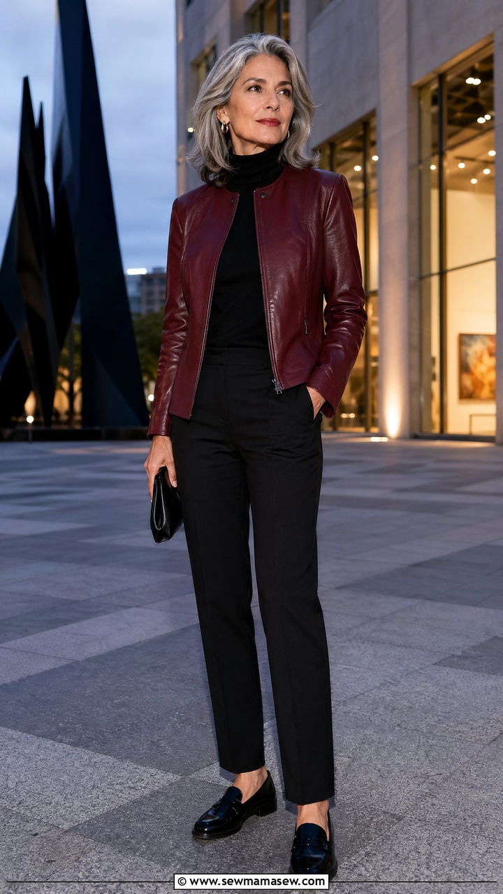 Burgundy Leather Jacket with Black Straight Trousers - 35 Classy outfits for mature women