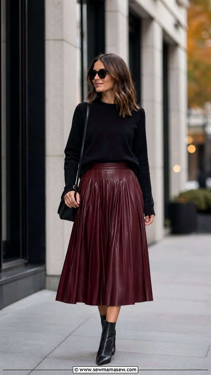 Burgundy Leather Midi Skirt With A Cashmere Sweater - 35 Conference outfit ideas