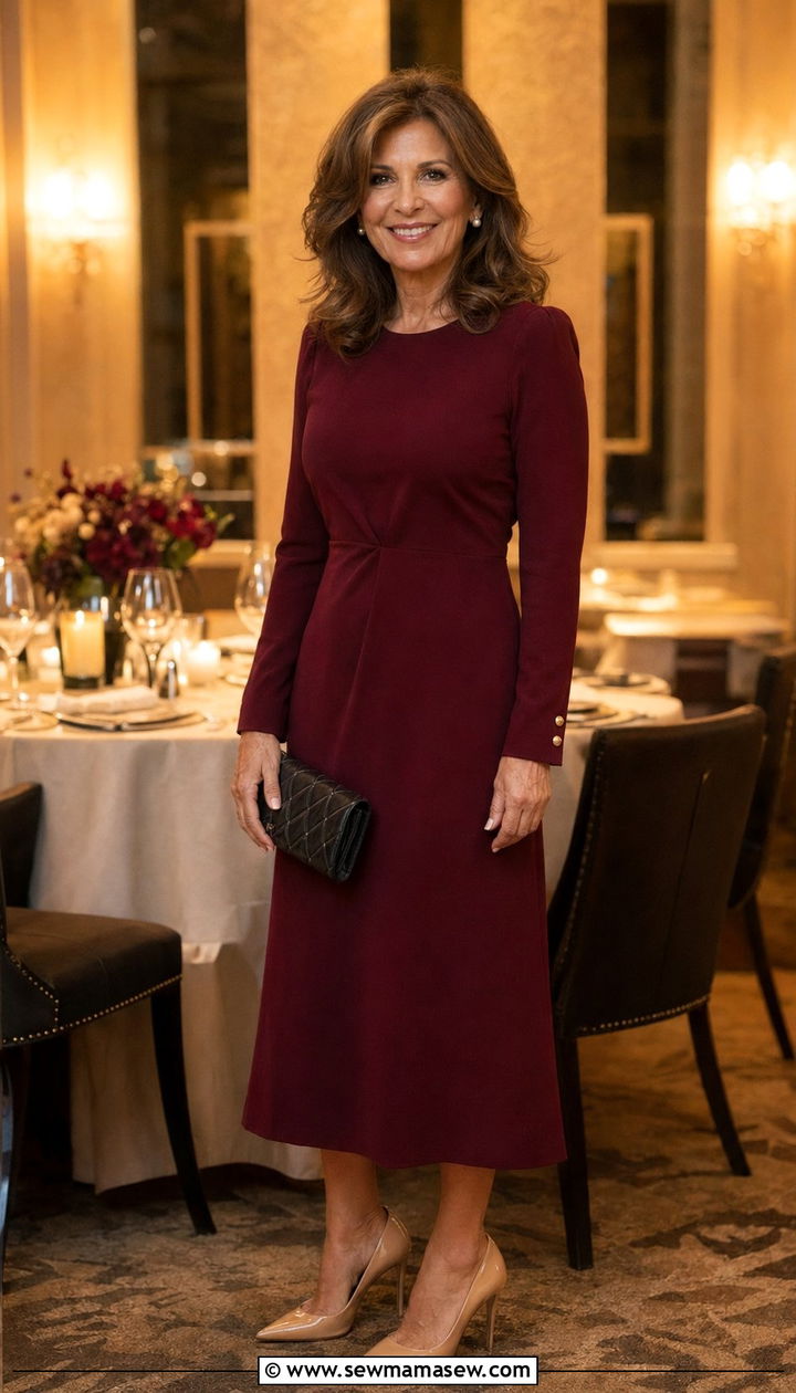 Burgundy Long Sleeve Midi Dress For Evening Gatherings - 35 Old money outfit ideas for women over 50