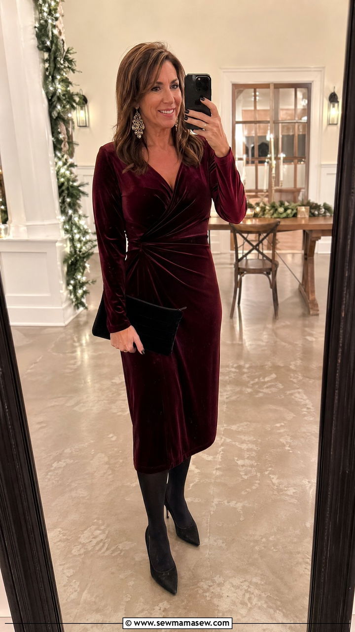 Burgundy Long Sleeve Velvet Dress for Winter Wedding - 35 Wedding guest outfits for women over 40