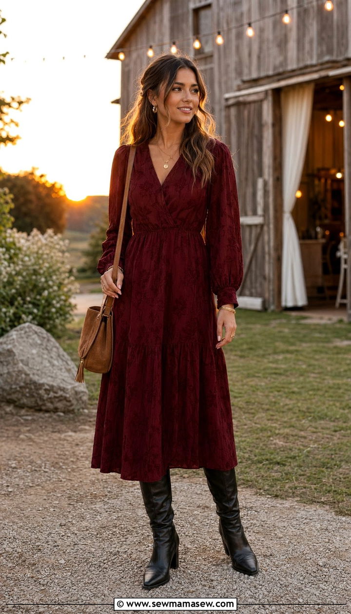 Burgundy Midi Dress with Heeled Boots - 30 Barn wedding guest outfit ideas