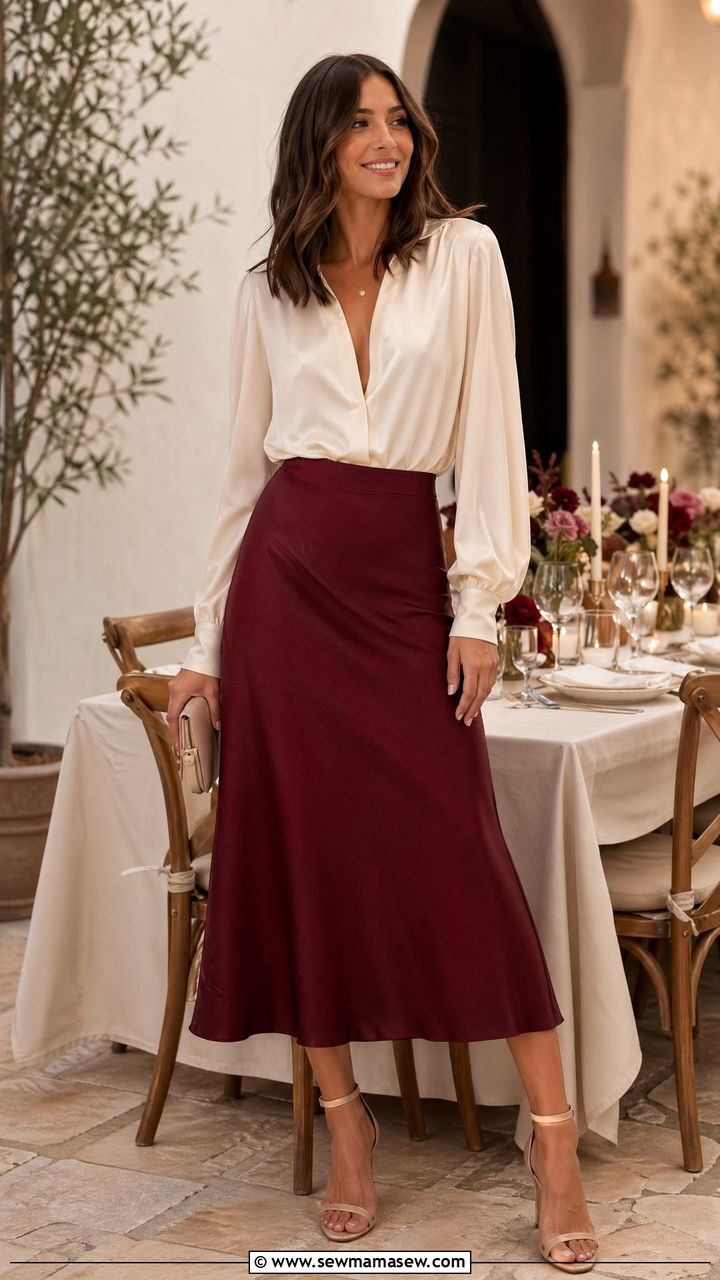 Burgundy Midi Skirt With Cream Blouse - 35 spring dinner outfit ideas