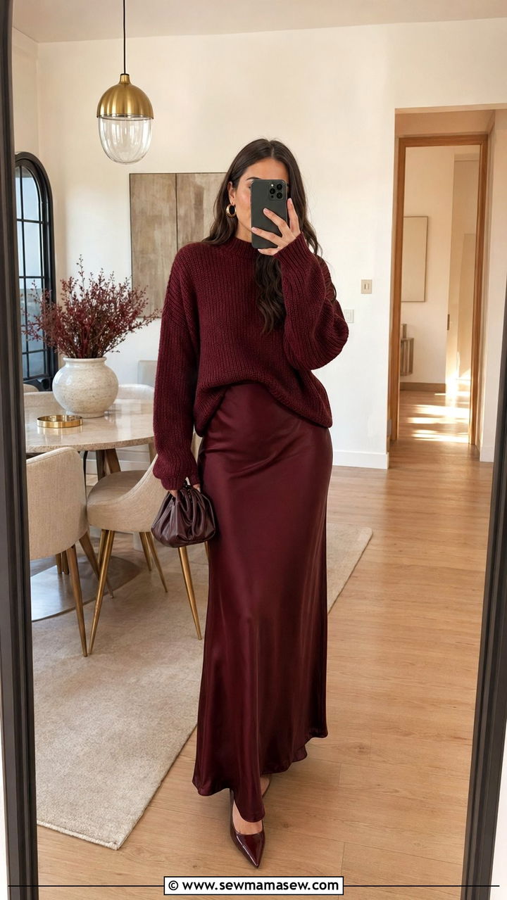 Burgundy Monochrome Knit and Maxi Skirt Modest Outfit - 35 modest classy outfits aesthetic