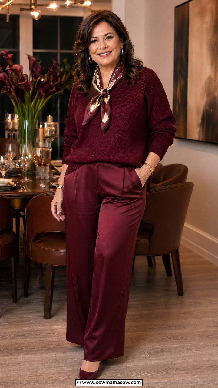 Burgundy Monochrome Look with Silk Scarf - 35 Curvy outfits for women over 40