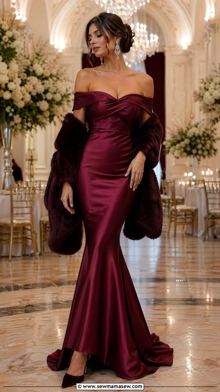 Burgundy Off Shoulder Mermaid Gown for Black Tie Wedding - 35 chic wedding guest outfits for women
