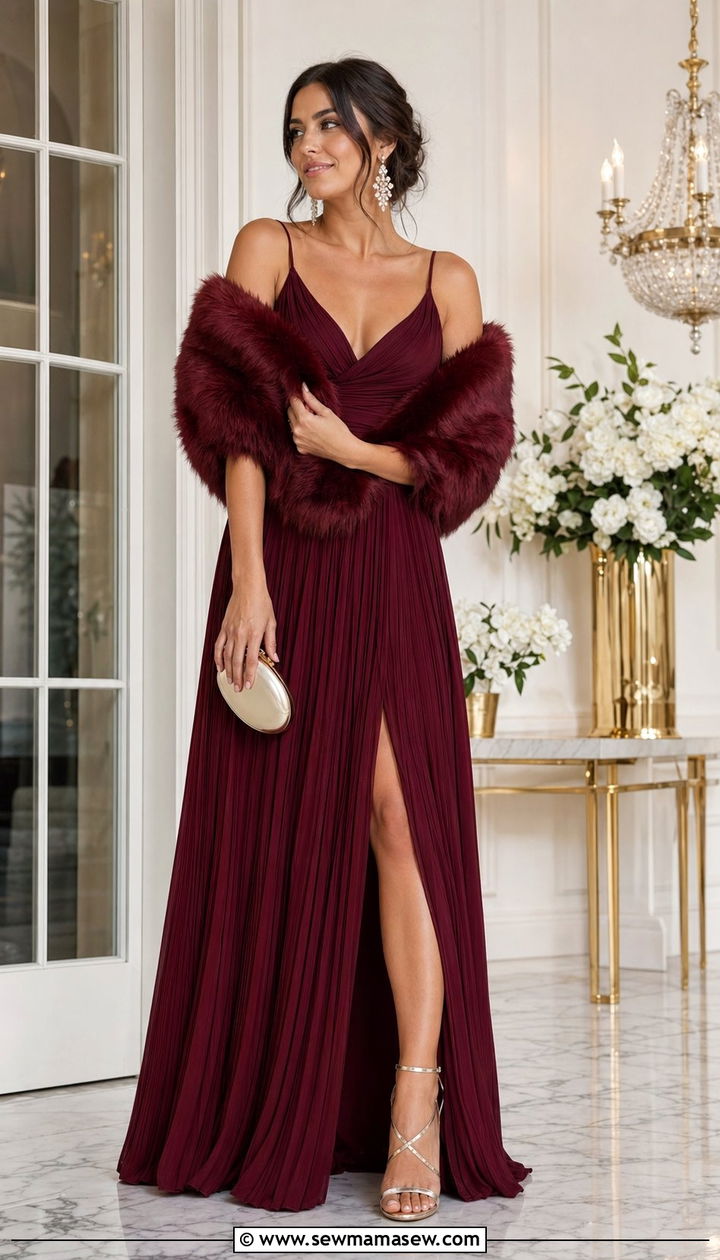 Burgundy Pleated Gown With Fur Stole Wedding Outfit - 30 What to wear to a wedding over 40