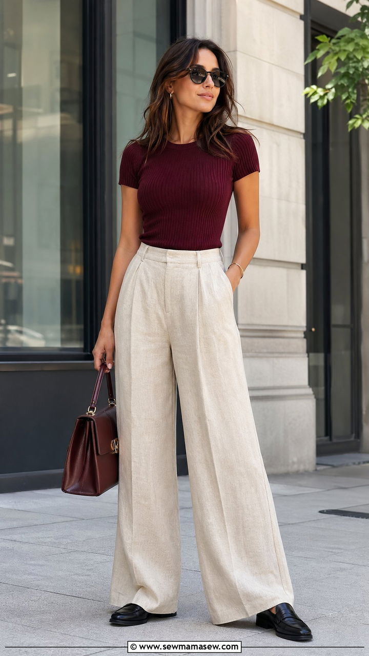 Burgundy Ribbed Knit Top with Flax Linen Trousers - 35 classy summer outfit ideas