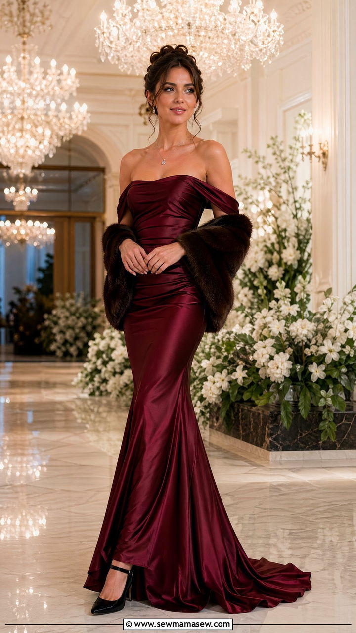 Burgundy Satin Mermaid Gown With Velvet Heels - 35 Wedding guest outfit ideas 2026