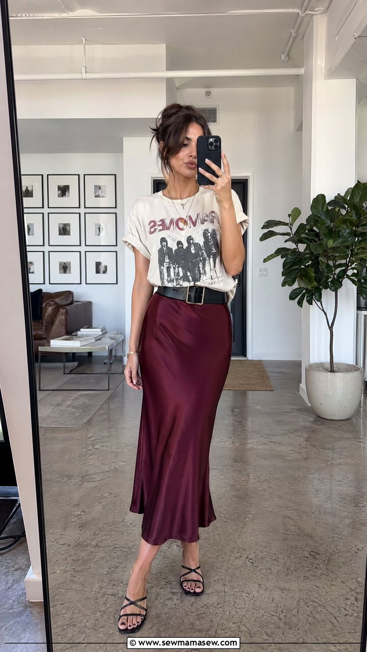 Burgundy Silk Midi Skirt With Graphic Tee - 35 spring burgundy outfit ideas