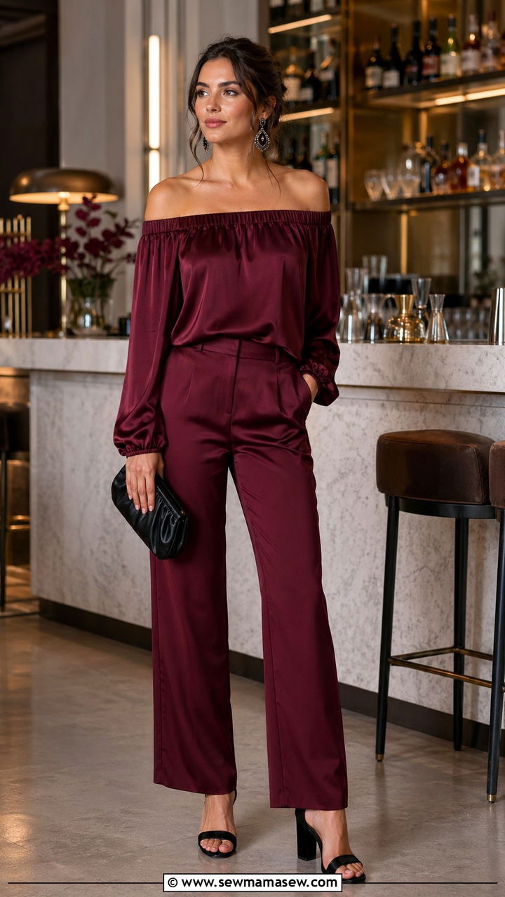 Burgundy Silk Off Shoulder Top and Straight Leg Trouser Set - 30 Silk matching set outfit ideas
